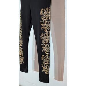 Love Culture Black Leggings Gold Scroll Detail Festival Club Medium